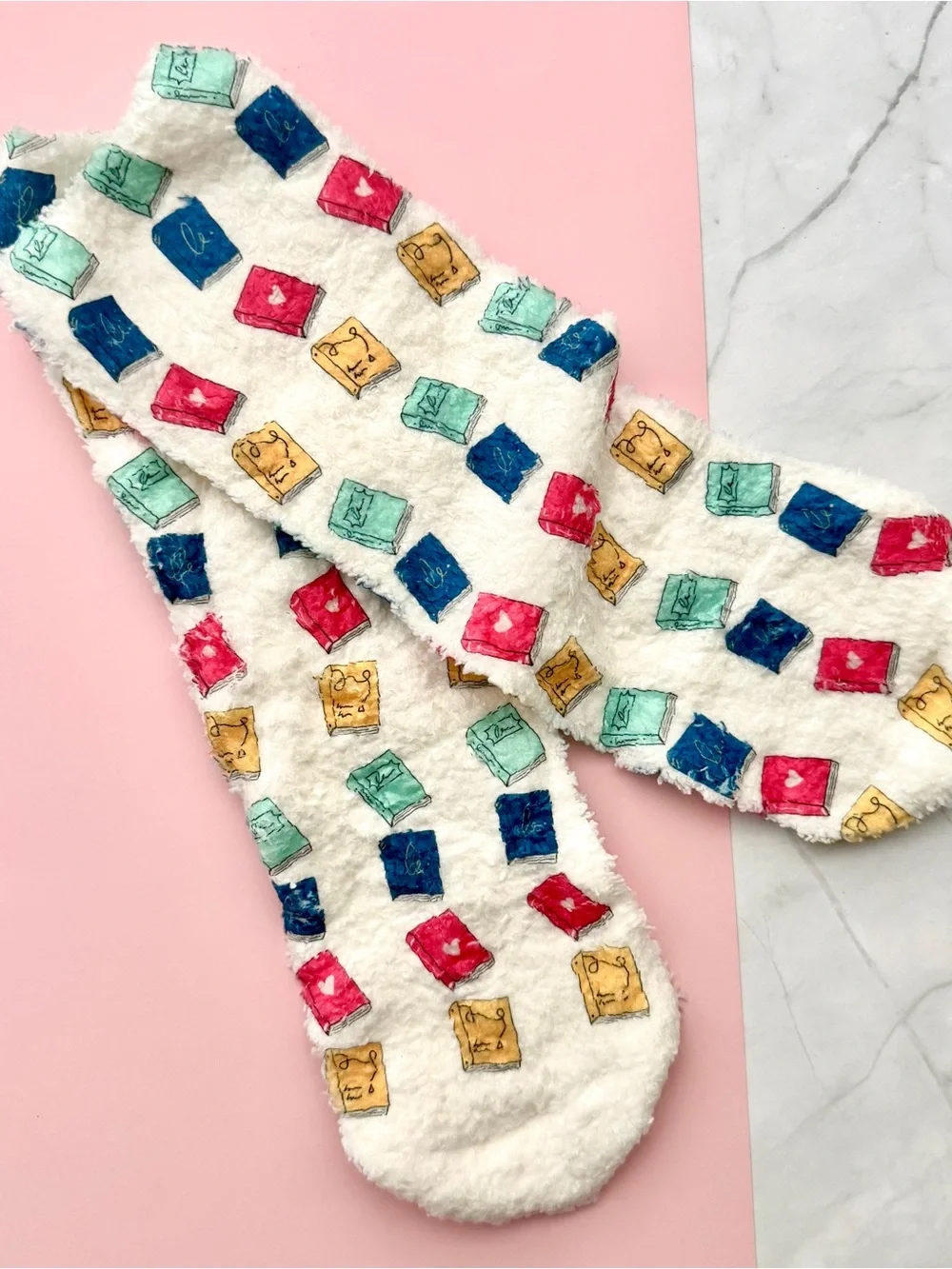 Cozy Bookish Fuzzy Socks Colorful Books Design | One Size Fits Most